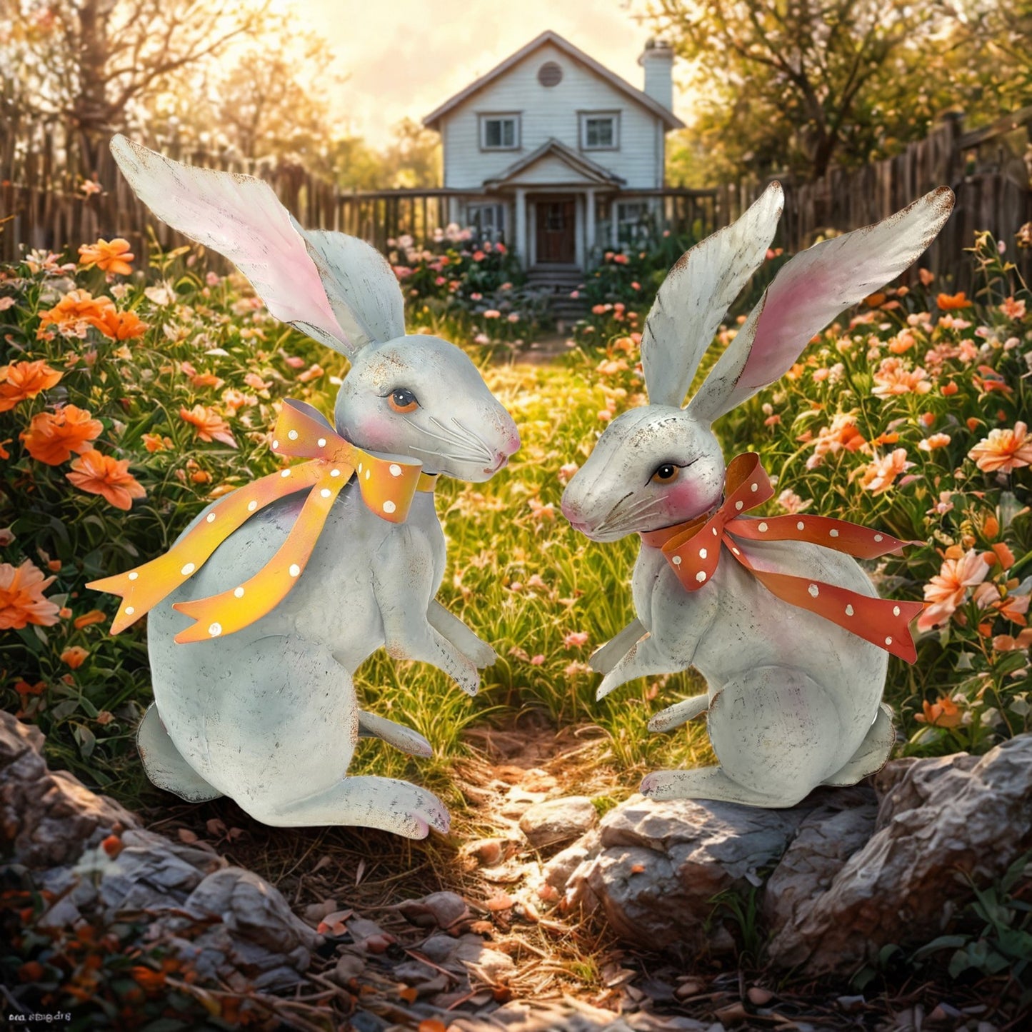 Set of two vintage-style white rabbit metal figurines with polka-dot ribbons, hand-painted with soft matte finish