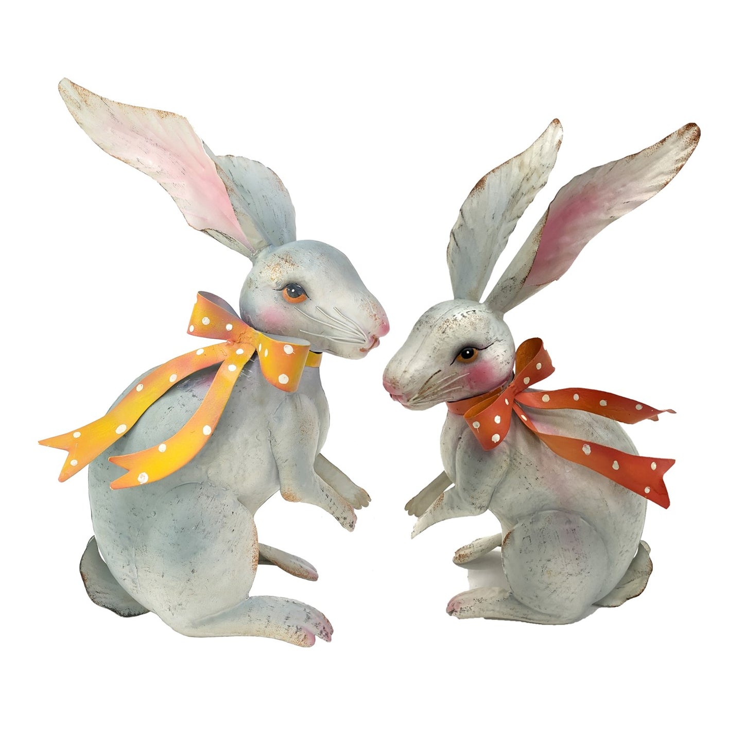Easter Set of two vintage-style white rabbit metal figurines with polka-dot ribbons, hand-painted with soft matte finish