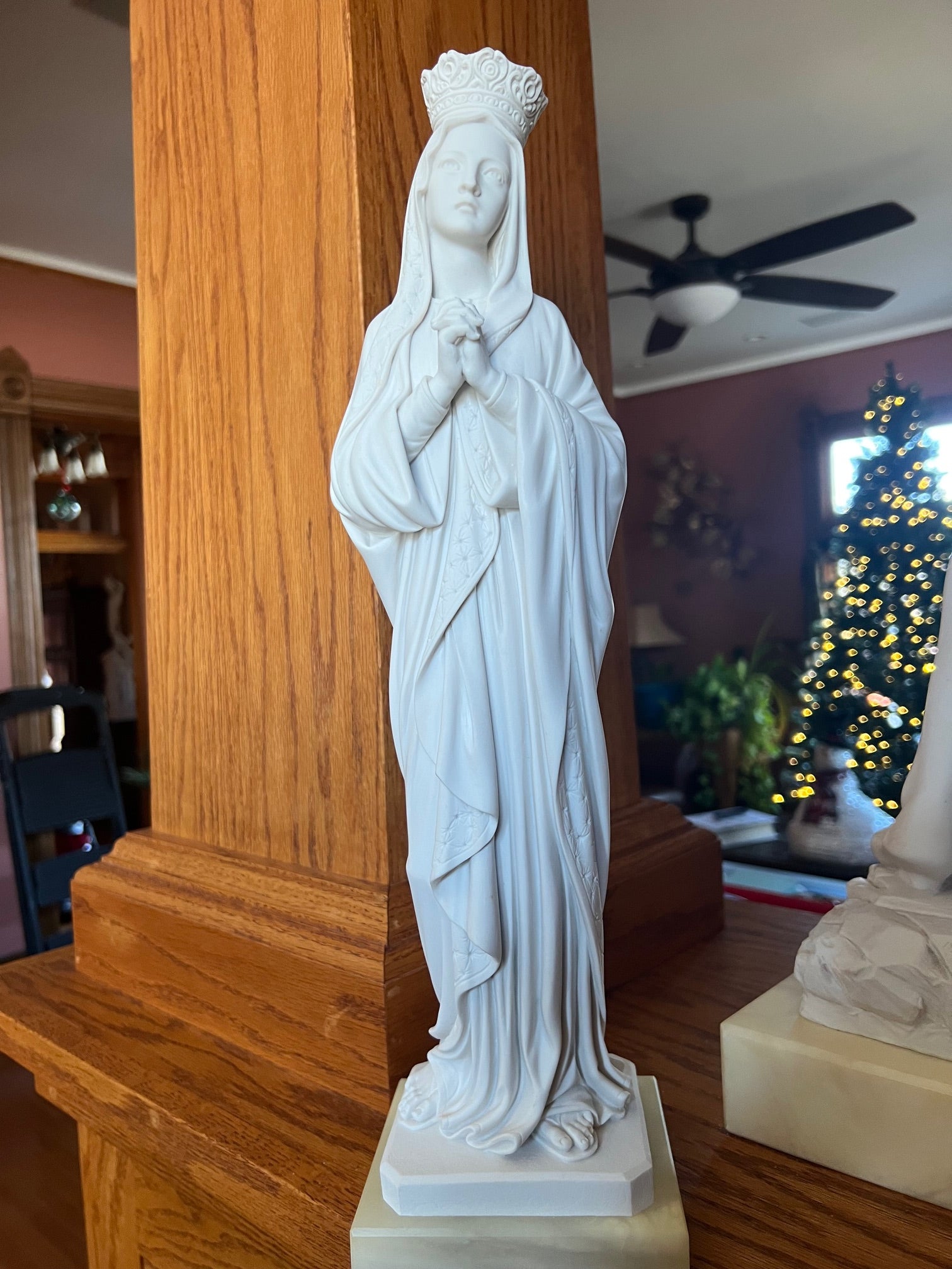 Virgin Mary Queen of Heaven statue with crown, bonded alabaster on solid alabaster base religious artwork