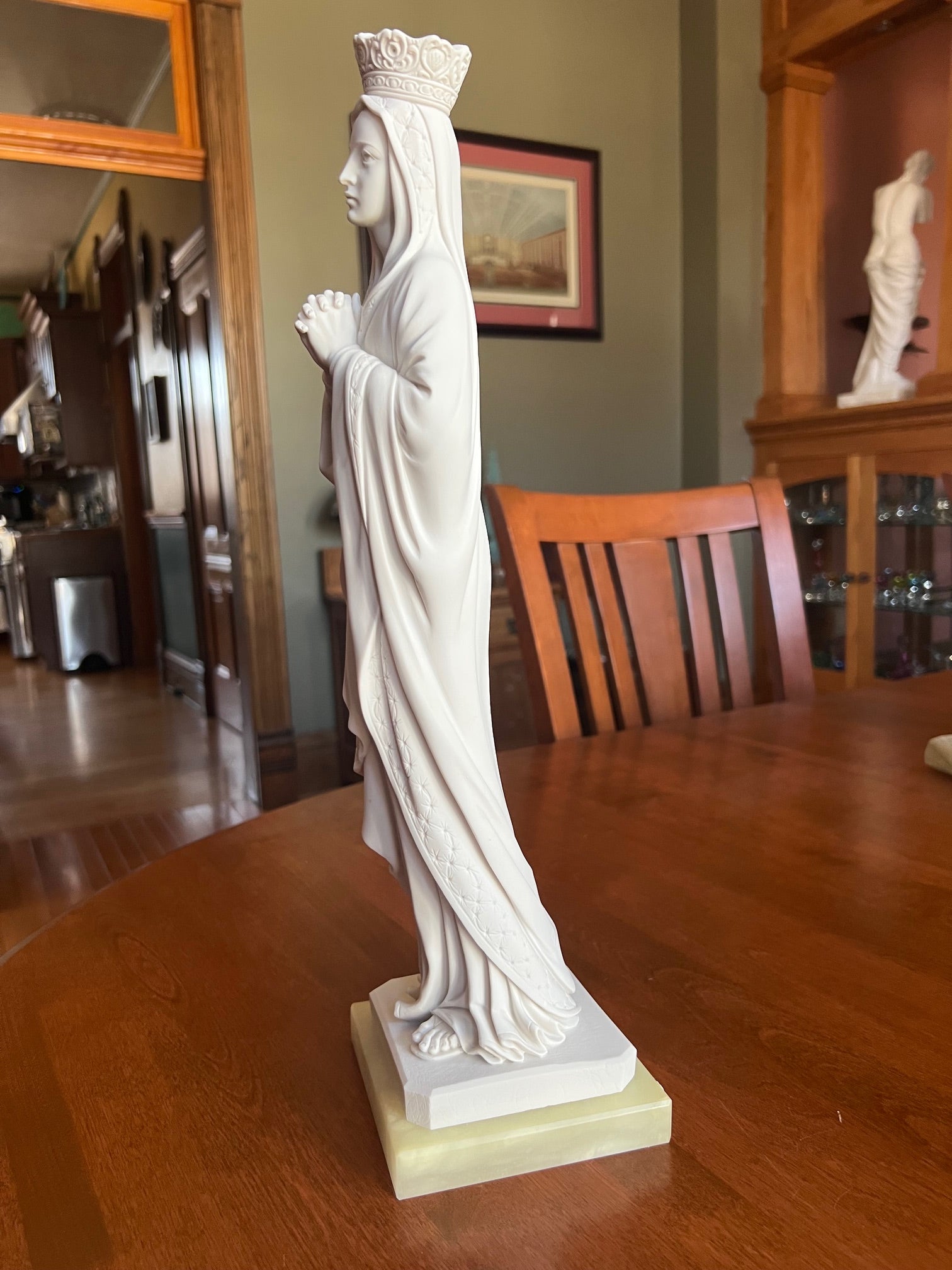 Side view Blessed Mother Devotional Statue on Solid Alabaster Base