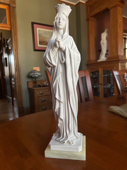 Virgin Mary Queen of Heaven statue with crown, bonded alabaster on solid alabaster base