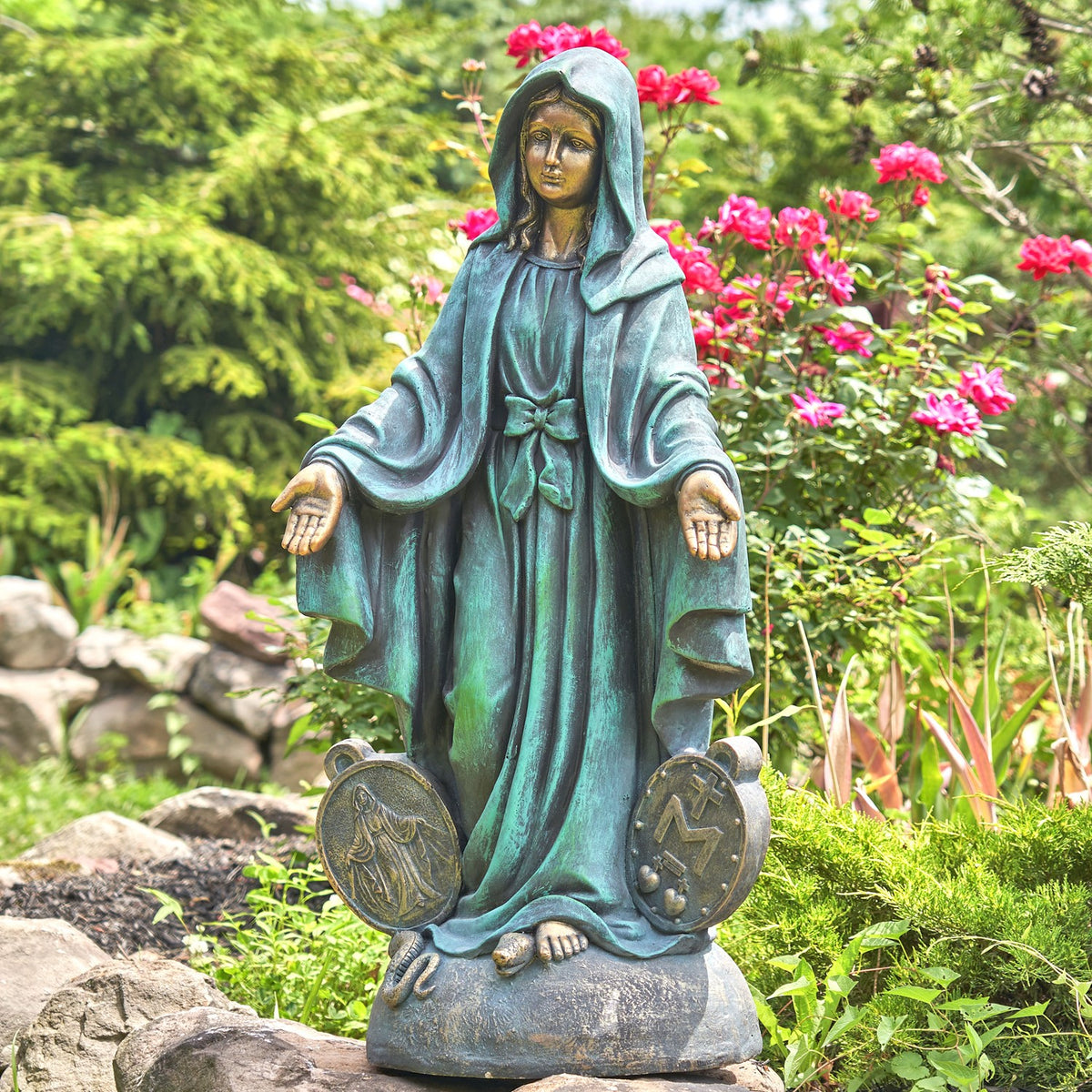 Virgin Mary statue with Miraculous Medal base design tall Blessed Mother 