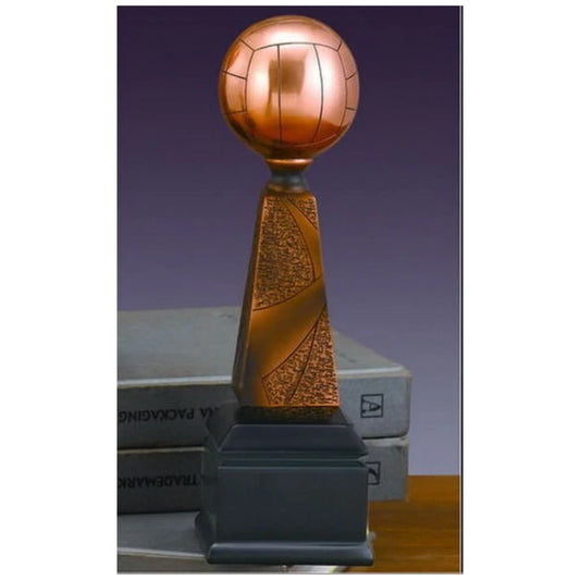 Bronze volleyball trophy sculpture with stylized base, ideal for sports awards.