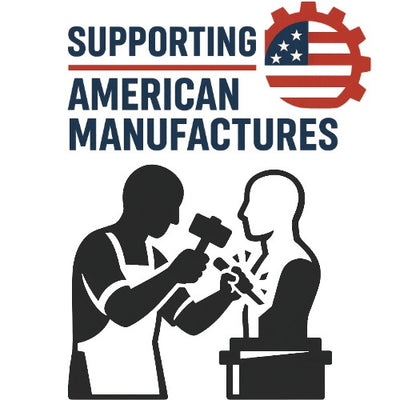 Logo supporting American manufacturing with a silhouette of a worker and an American flag gear.