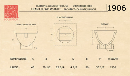 Architectural drawing of a garden vase with dimensions and details, featuring the Frank Lloyd Wright Foundation logo.