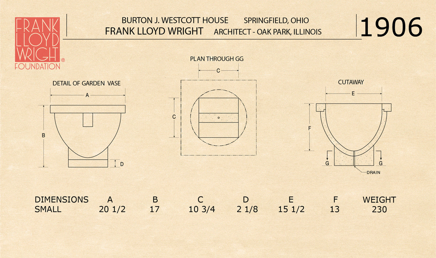 Architectural drawing of a garden vase with dimensions, featuring Frank Lloyd Wright's name and the Burton J. Westcott House in Springfield, Ohio.