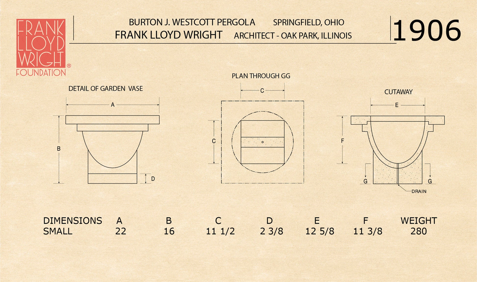 Technical drawing of a garden vase with dimensions and details, featuring Frank Lloyd Wright's name and the Burton J. Westcott Pergola.