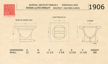 Technical drawing of a garden vase with dimensions and details, featuring Frank Lloyd Wright's name and the Burton J. Westcott Pergola.