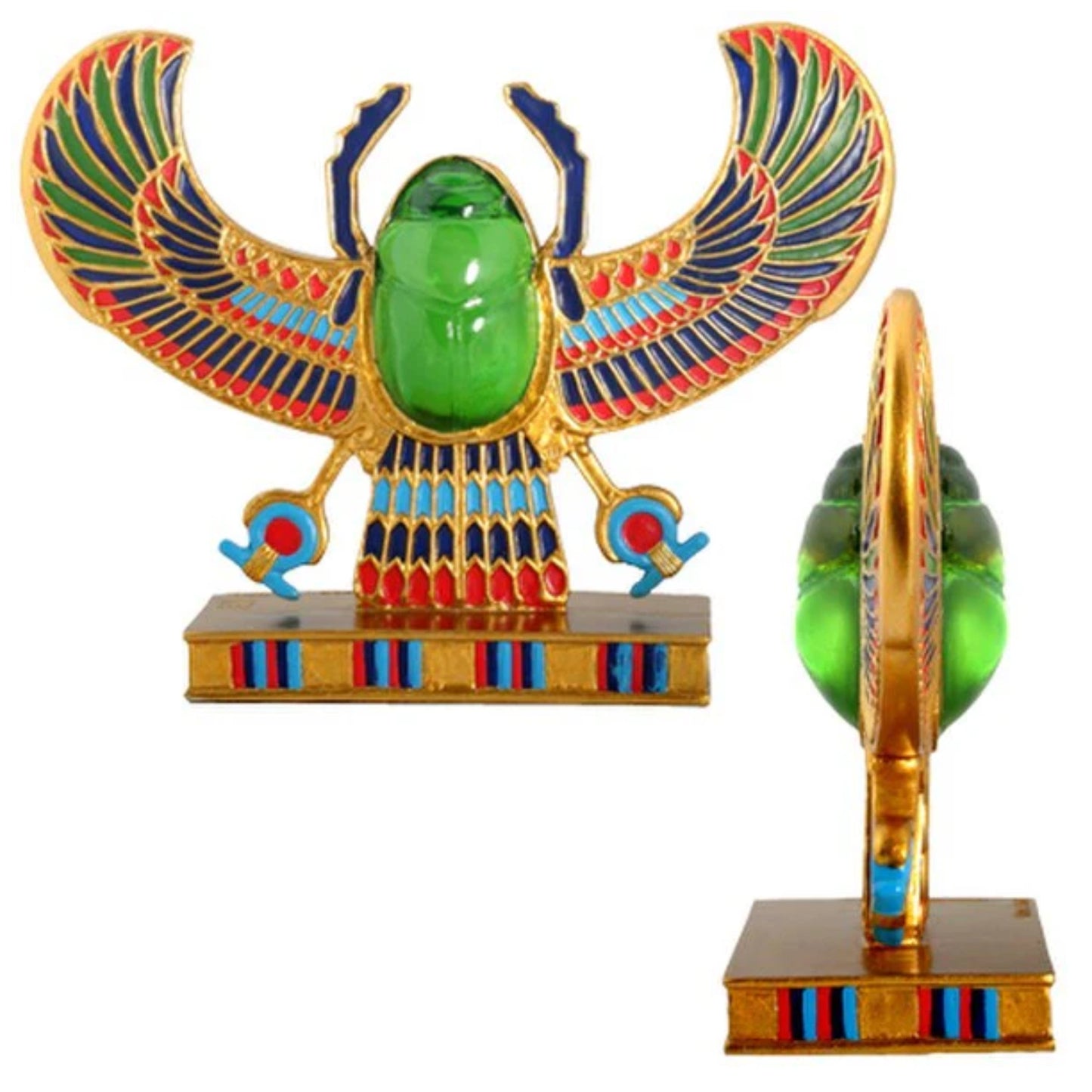 Winged Scarab Sculpture from two angles, on a white background.