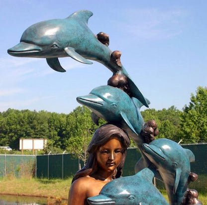 Close Up Mermaid with 8 Dolphins enchanting sculpture bronze