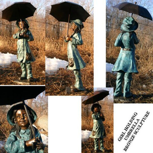 Life Size Bronze Statue - Young Lady Holding Umbrella with a smile