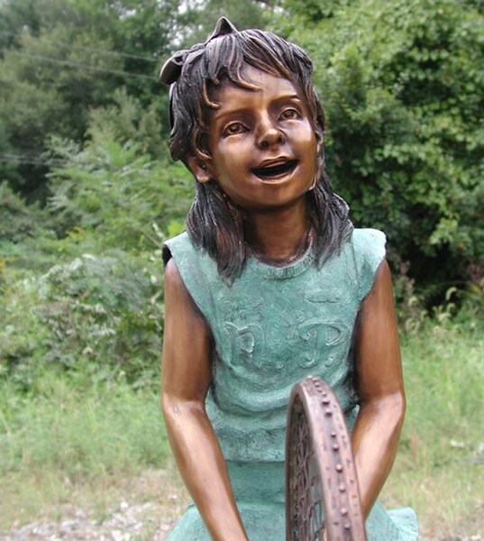 Girl holding tennis racket bronze life like garden Statue athleticism