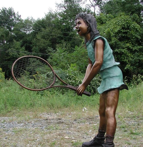 Girl Tennis player with Racket bronze garden sculpture life size art