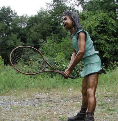 Girl Tennis player with Racket bronze garden sculpture life size art
