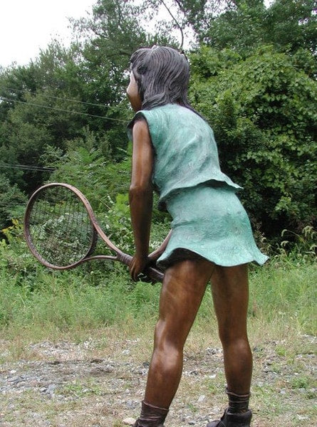 Tennis playing Girl with shirt bronze statue great for courts centers