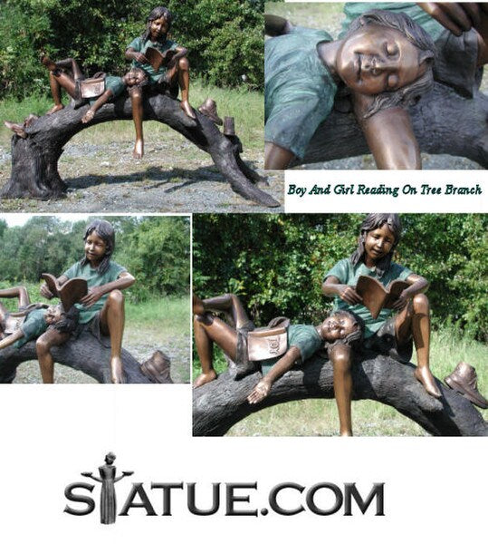 Boy And Girl Reading On Tree Branch Sculpture Bronze