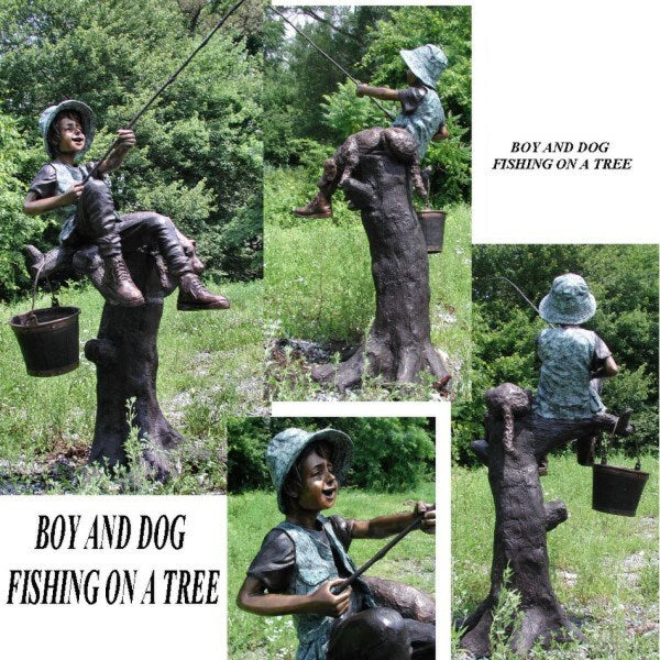 Bronze Boy with Dog fishing in tree with a fish on the line and bucket