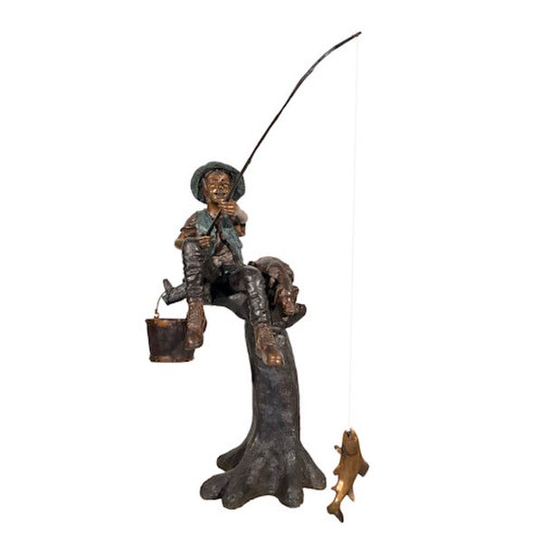 Boy fishing with dog sculpture bronze statue with fish on hook sculpture