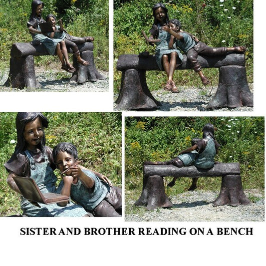 Sister And Brother Reading On A Bench Garden Statuary