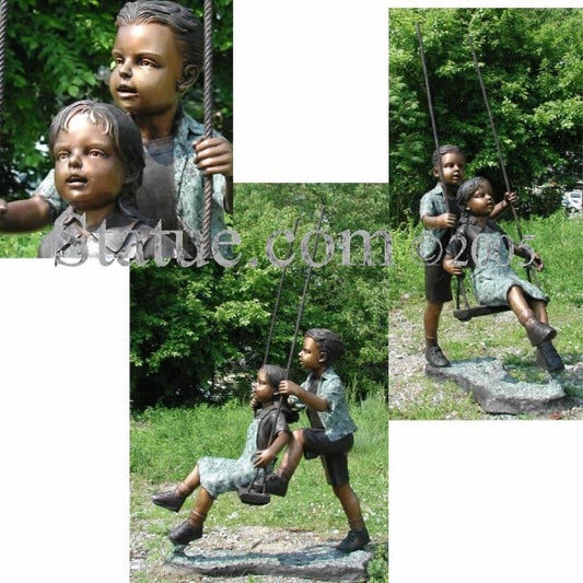 Boy And Girl On A Swing Bronze Sculpture Garden Display