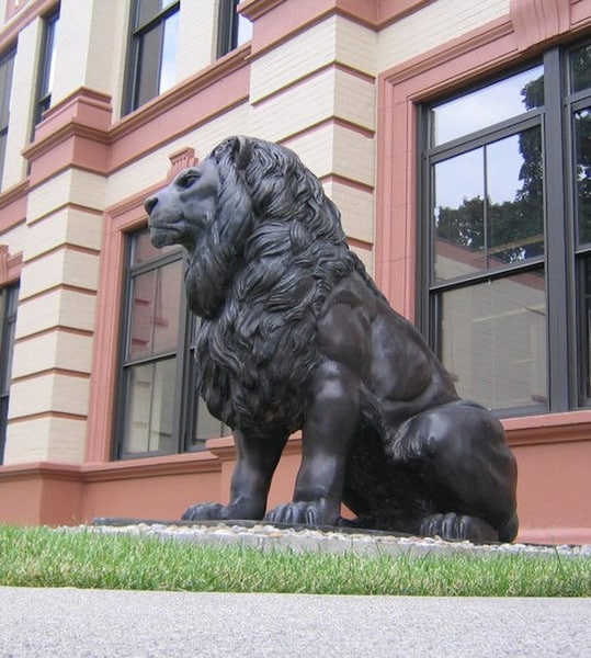 Enormous Bronze Lions Giant Statue Pair Flanking entryways sculptures