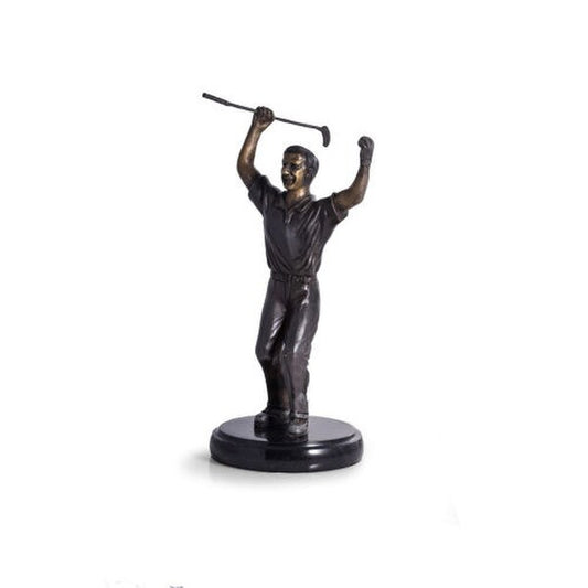 Triumphant Golfer Statue On Marble Base Golding Made the Shot