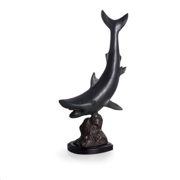 Brass Predator Shark Sculpture on Wood Base Sculpture Great White