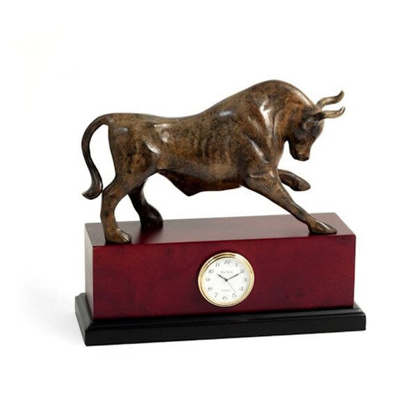 Brass Bull Clock Sculpture On Wood Base Wall Street Gift Market Statue