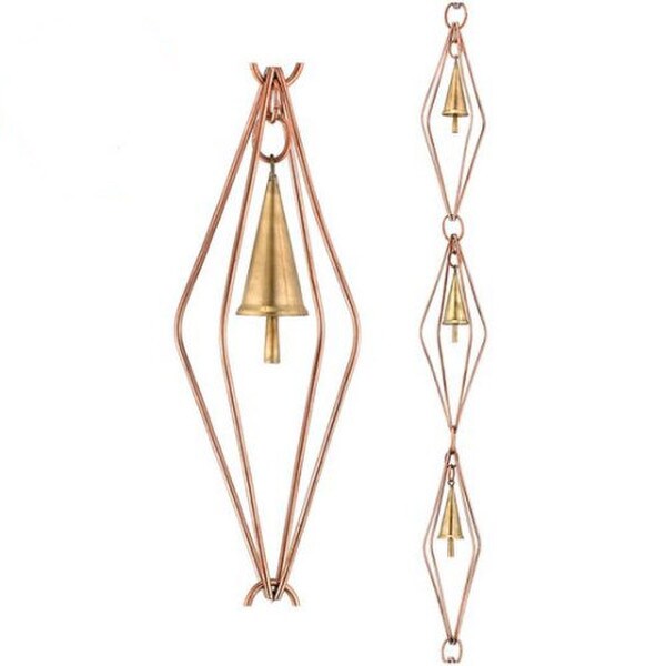 Modern Sculptural Diamond Rain Chains with Bells Copper Downspout