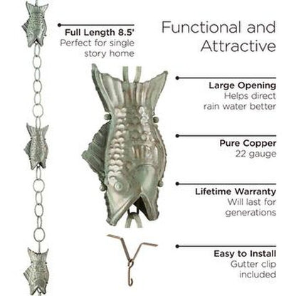 Sculptural Fish Blue Verde Pure Copper Pisces Decorative Downspouts