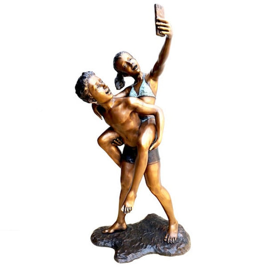 Bronze Girl and Boy Taking a Selfie Sculpture Summertime fun phone