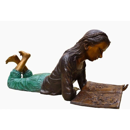 Bronze Girl Reading Book Garden Statue with Braids crossed legs sculpture