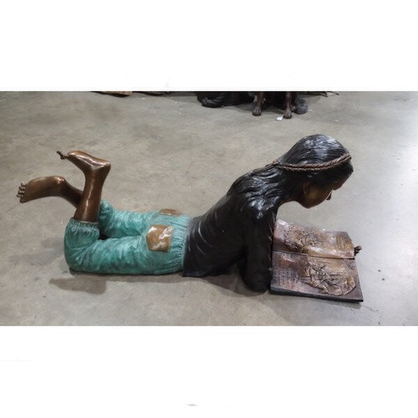 Bronze Girl Reading on Belly Garden Statue with Braids School Sculpture