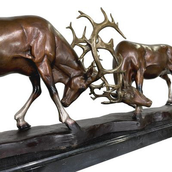 Close Up Wrangling Deer Bronze Statue on Marble Base Buck Fighting