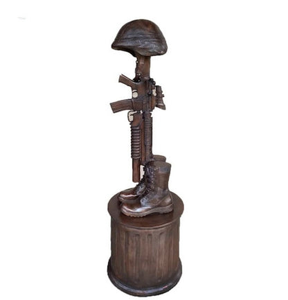 Bronze War Memorial with Gun Rifle and Boots on Column Sculptures