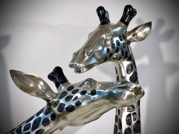 Close Up of Giraffe Bronze Statue Pair Heads Special Finishing Sculptures