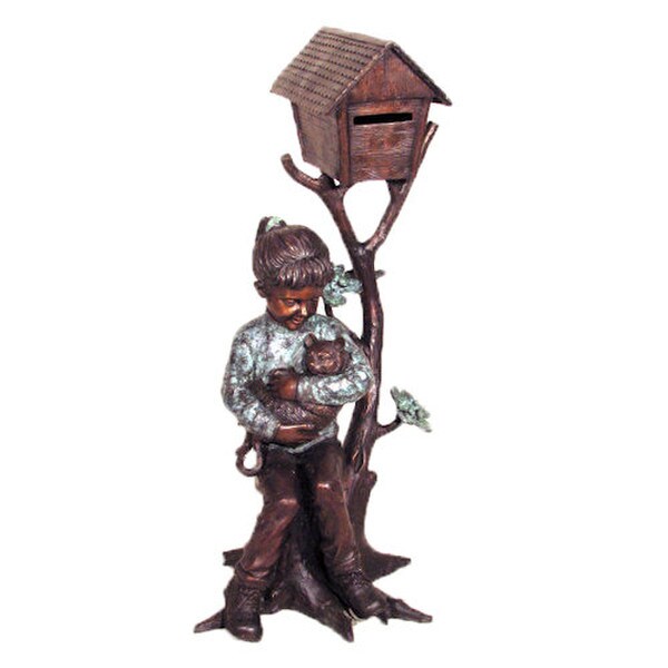 Girl Holding Cat Mailbox Sculpture Bronze Large Scale Statue Birdhouse