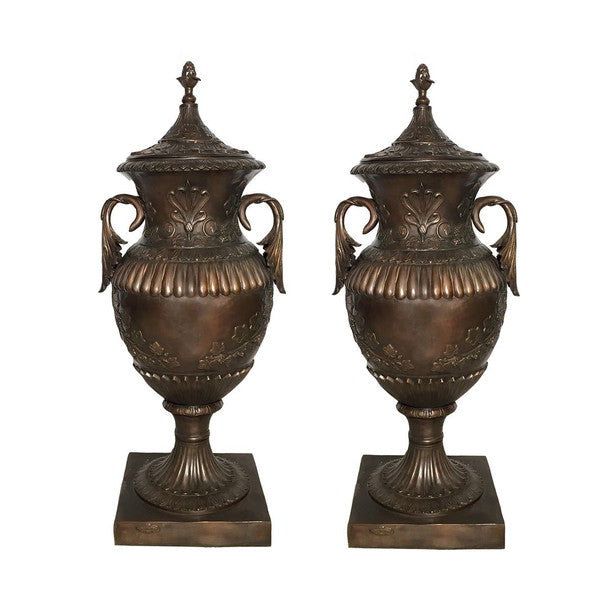 Elegant Bronze Floor Urn with Lid Pair Decorative Duo of Vases Artwork