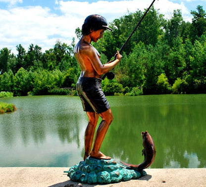 bronze boy with fishing pole Boy Fishing Water Feature Fountain Bronze Statue