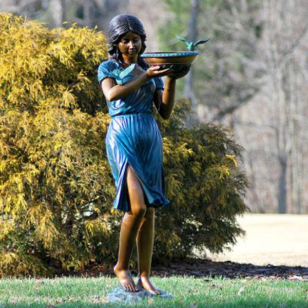 Girl in dress with bowl water feature fountain elegant bronze statue