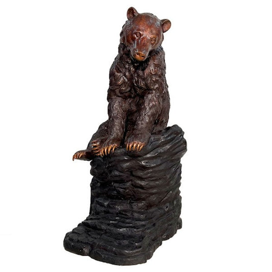 Large Summit Sentinel Bronze Bear Sitting on Rock Sculpture in Repose
