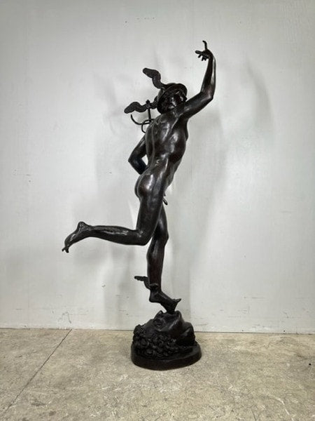 Flying Mercury bronze statue for sale wings on his feet and a caduceus