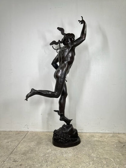 Flying Mercury bronze statue for sale wings on his feet and a caduceus