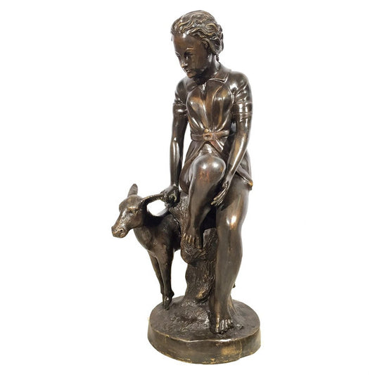 Girl with Goat Shepard sitting on tree stump English statue bronze repica