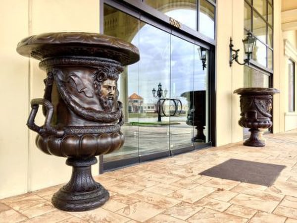 Giant 6 foot tall bronze sun king urn with large handles and planting area