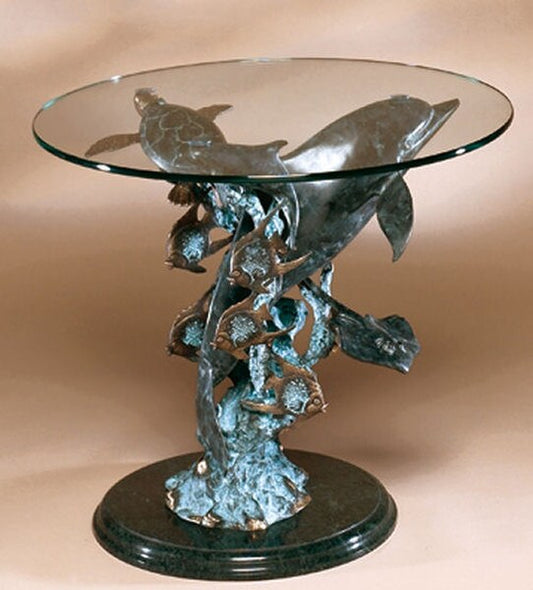 Dolphin Turtle Side Table Brass Marble Base Fishes Under the Sea Statue