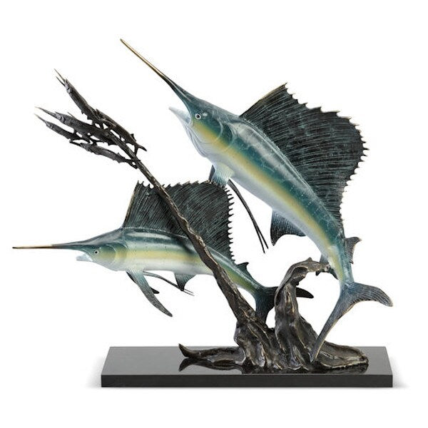 Dynamic Ocean Encounter Sculpture Sailfish and Ballyhoo Brass Statue