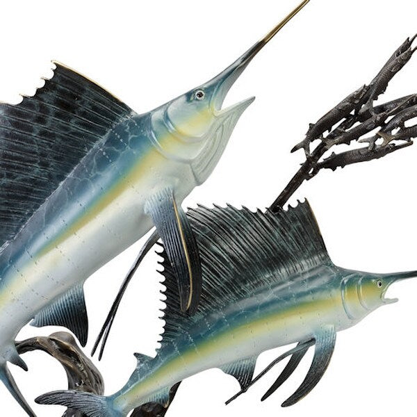 Close up of Fishes Sailfish Going After Ballyhoo Statue high end sculpture