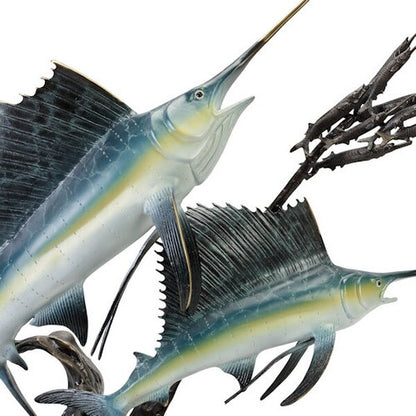 Close up of Fishes Sailfish Going After Ballyhoo Statue high end sculpture
