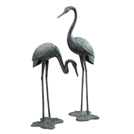 Garden Crane Pair Large Brass Sculptures Heron Emerald patina elegant